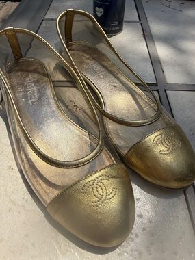 Rare CHANEL Gold leather Cap-Toe PVC transparent Flats cruise collection 37.5